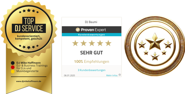 Siegel: Top DJ Service, ProvenExpert Sehr gut mit 100 % Empfehlungen, 5 Sterne